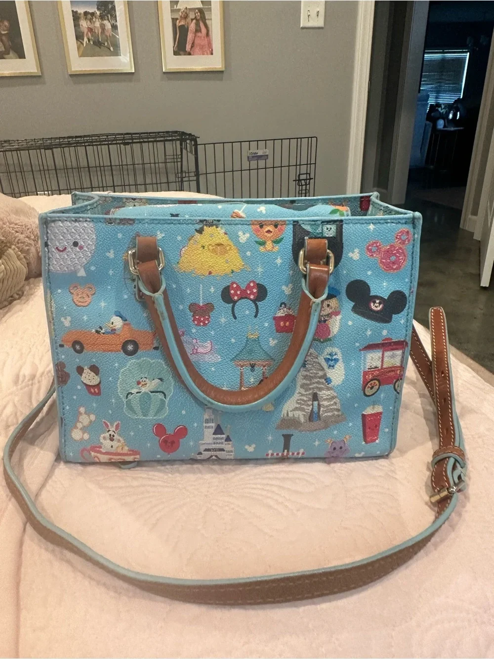 Dooney & Bourke Light Blue Disney Character Print Satchel with Tan Trim
